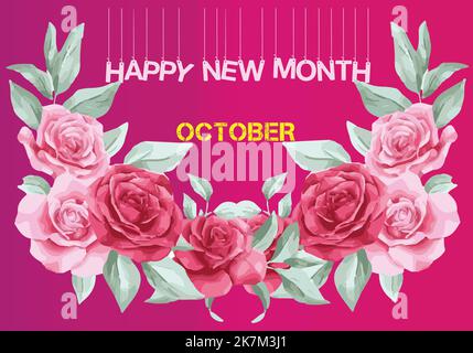 Happy new month October,with hand drawn flowers pattern.on beautiful gradient background. Stock Vector