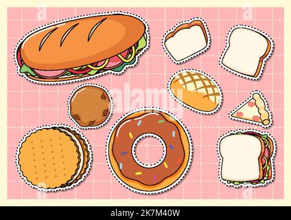 Mixed food cartoon sticker on grid background illustration Stock Vector