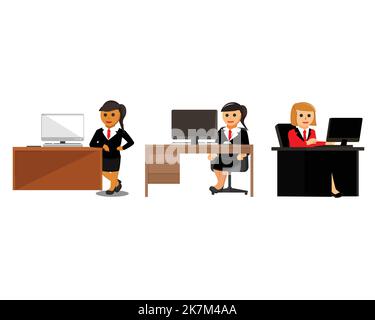set of business woman at different workplaces as a boss, concept of woman boss move diversity vector. Stock Vector