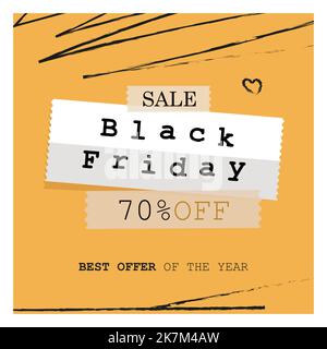 texts black friday sale 70 off written on scotch tape or stickers on a yellow background with strokes of paint Stock Vector