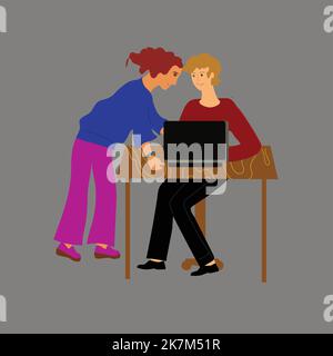 two woman talking on desk in office workplace concept of woman boss move vector illustration. Stock Vector