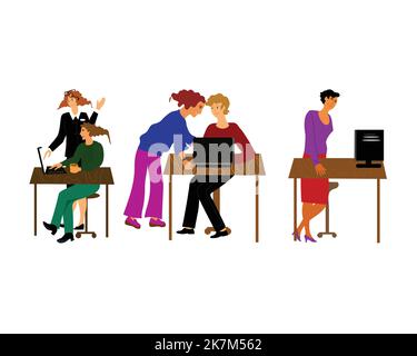 concept of business woman in different work places, set of vector diversity business woman boss move Stock Vector
