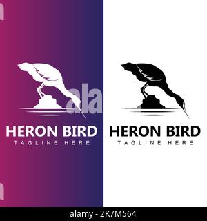Bird Heron Stork Logo Design, Birds Heron Flying On The River Vector, Product Brand Illustration Stock Vector