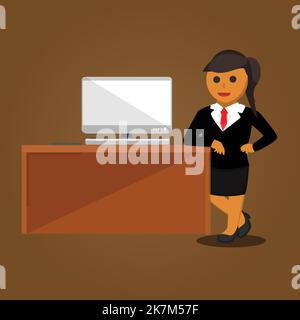 a woman standing in her office next to her desk, woman boss move in flat style vector illustration. Stock Vector