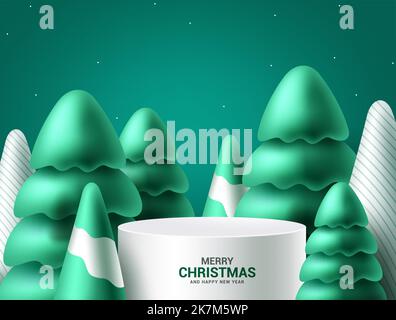 Merry christmas vector background design. Christmas podium, stage and platform for xmas product show with fir and pine tree elements in green Stock Vector