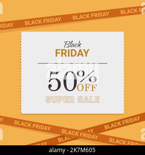 text black friday 50 off super sale on yellow background with ribbons with inscription black friday Stock Vector