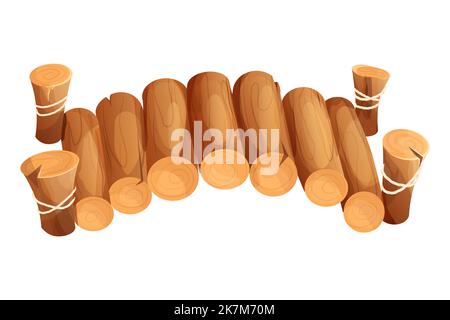 Wooden bridge from logs decorated with rope in cartoon style isometric view isolated on white background. Vector illustration Stock Vector