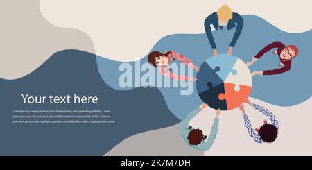 Group of business men and women top view holding and joining jigsaw puzzle pieces. Colleagues of diverse ethnic groups and cultures. Collaborate.Team Stock Vector