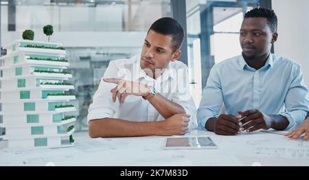 Planning, architecture and meeting with business people and 3d design model for engineering, consulting and construction idea. Project management Stock Photo