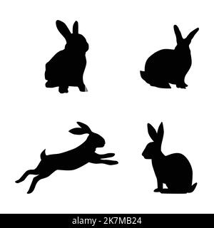 Silhouettes of rabbits isolated on a white background. Set of different easter bunnies silhouettes for design use. Stock Vector