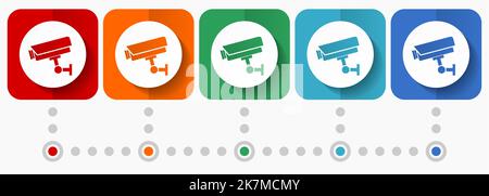 Cctv camera vector icons, infographic template, set of flat design symbols in 5 color options Stock Vector