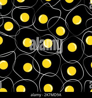 Cute funny seamless sunny side up eggs pattern. Abstract scrambled eggs with yellow yolks and curvy white outlines on black background. Strapwork fried eggs motifs. Cover textile vector illustration Stock Vector