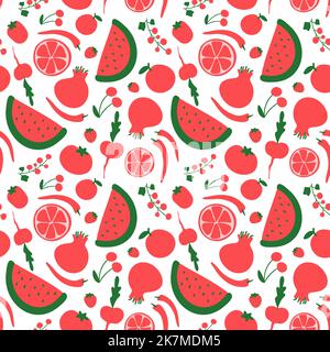Seamless pattern with hand drawn red fruits vegetables berries. Fresh doodle cherry apple beetroot watermelon tomato pomegranate chilli. Vegetarian healthy farm local organic food vector illustration Stock Vector