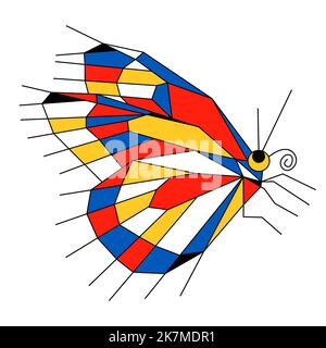 Abstract colorfull butterfly Neoplasticism, Bauhaus, Mondrian style. Red yellow blue colors simple shapes insect. Home interior, print, cover, logo, emblem vector illustration element Stock Vector