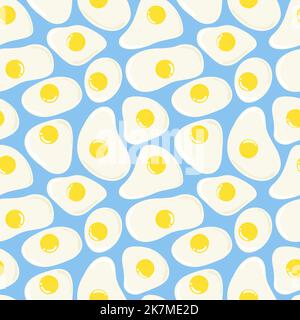 Fried eggs motifs on light blue background seamless pattern. Cute funny breakfast menu template. Abstract simple scrambled eggs diggerent white shapes. Circle yellow yolks vector illustration Stock Vector