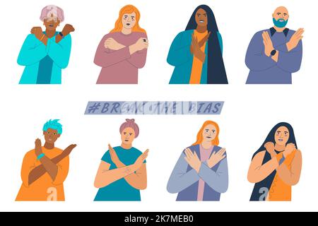 People cross their arms on their chest set. Break the bias concept elements. Womens international day 8th march. Gesture stop. Diversity skin colors and sthnic groups characters vector illustration Stock Vector