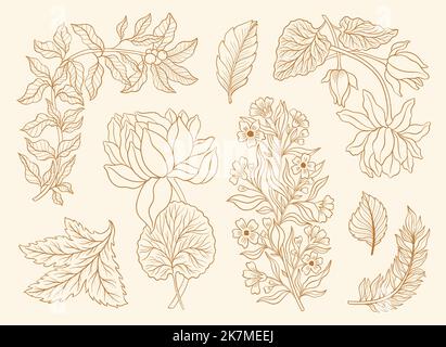 Collection vintage floral motif. William Moriss style art and craft movement. Design outline flower symbol. Stock Vector