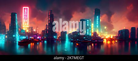 Cyberpunk city, abstract illustration, futuristic city, dystoptic artwork  at night, 4k wallpaper, Stock Illustration