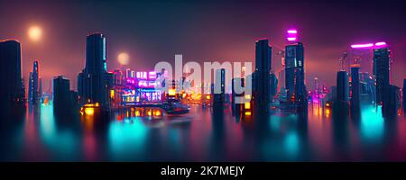 Cyberpunk neon city night. Futuristic city scene in a style of pixel art.  80's wallpaper. Retro future 3D illustration. Urban scene. Stock  Illustration