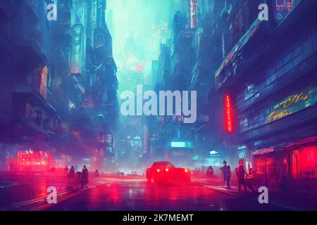 Cyberpunk city street. Sci-fi wallpaper. Futuristic city scene in a style  of pixel art. 80's wallpaper. Retro future 3D illustration. Urban scene.  Stock Illustration