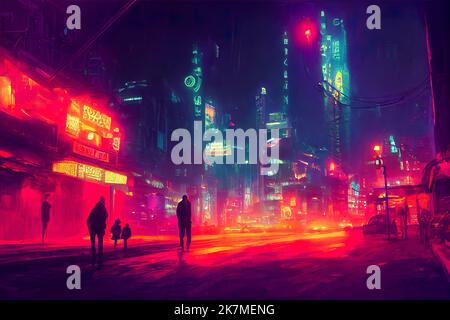 Cyberpunk neon city night. Futuristic city scene in a style of pixel art.  80's wallpaper. Retro future 3D illustration. Urban scene. Stock  Illustration