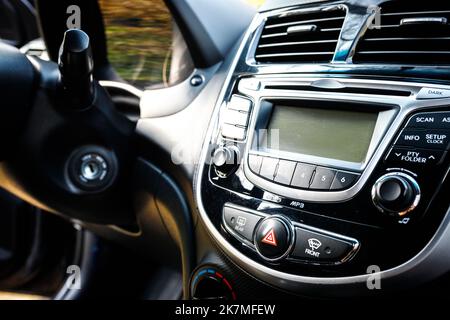 The central control panel in the passenger compartment of a Hyundai car Stock Photo