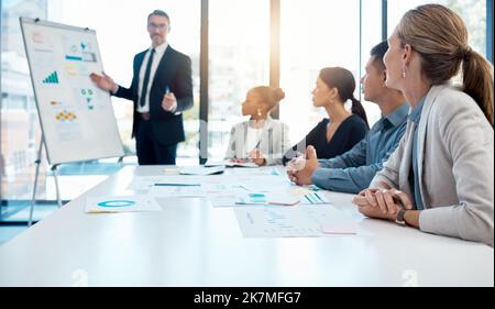 Chart, ceo and business people in a meeting presentation planning, talking or speaking on sales growth and our vision. Mentor, leadership and Stock Photo