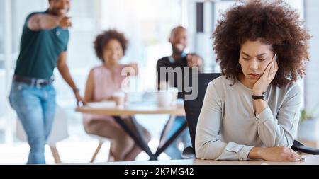 Workplace, gossip and bullying business people for Human Resources, mental health or office compliance. Corporate staff whisper of black woman with Stock Photo
