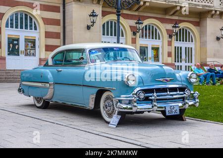 BADEN BADEN, GERMANY - JULY 2019: blue white CHEVROLET BEL AIR sport coupe 1953, oldtimer meeting in Kurpark. Stock Photo