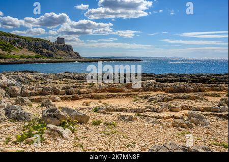 The rugged landscape of Regional Natural Park of Porto Selvaggio with the rocky cove beach and Torre dell'Alto, Apulia (Puglia), Italy. Stock Photo