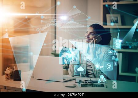 Office, technology and phone call, woman with hologram for cloud computing, ui and internet connection. Graphic communication network, digital Stock Photo