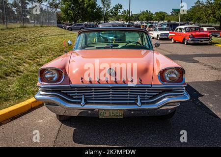 Falcon Heights, MN - June 19, 2022: High perspective front view of a 1957 Chrysler New Yorker 2 Door Hardtop at a local car show. Stock Photo