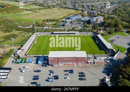 Weymouth, Dorset, UK.  18th October 2022.  General view from the air of the Bob Lucas Stadium at Weymouth in Dorset, home of Weymouth Football Club.  Weymouth have been drawn at home with EFL League 2 club AFC Wimbledon in the 1st Round of the Emirates FA Cup.  They last reached the first round 15 years ago. The team currently plays in the National League South. Picture Credit: Graham Hunt/Alamy Live News Stock Photo