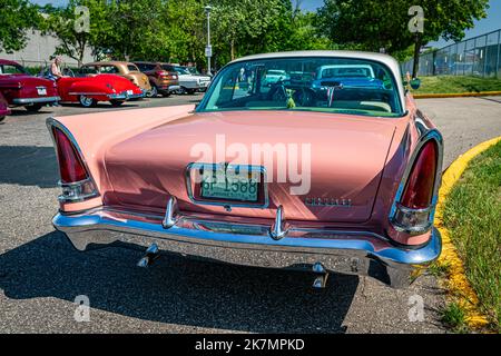 Falcon Heights, MN - June 19, 2022: High perspective rear view of  1957 Chrysler New Yorker 2 Door Hardtopat a local car show. Stock Photo