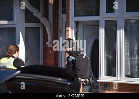 Police activity in Dovey Road in Sparkhill, Birmingham, after a 29-year-old man was arrested on suspicion of murder following the death of a newborn boy in Birmingham. The three-week-old baby was not breathing when officers were called to Dovey Road at just after 3.40am on Tuesday, West Midlands Police said. Paramedics took him to hospital but he was pronounced dead soon afterwards. Picture date: Tuesday October 18, 2022. Stock Photo