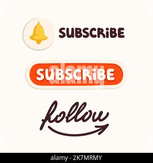 subscribe and follow stickers for a social media, making a blog or vlog vector flat illustration. Set of cartoon icons for making internet content Stock Vector