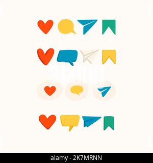 Like, share, save and repost stickers for a social media, making a blog or vlog vector flat illustration. Set of cartoon icons for making internet Stock Vector