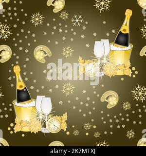 Seamless texture New Year fireworks and midnight toast merry background Vector illustration Stock Vector