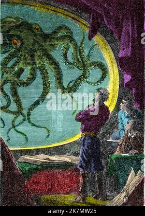 Twenty Thousand Leagues Under the Seas - 'Ned Land, le professeur Aronnax et son domestique Conseil regardent la pieuvre geante a travers le hublot du sous marin Nautilus' Gravure du livre de Jules Verne 'Vingt mille lieues sous les mers' (Vingt-mille - 20 000 - 20000), 1870. Stock Photo