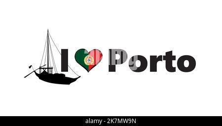 Portugal city Porto horizontal banner. Lettering I love Porto with national portuguese flag, boat and love heart. Vector template for your design. Stock Vector