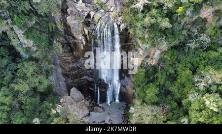 An arial shot of the Mother & Child waterfall surrounded by mountains and trees Hogsback Eastern Cape South Africa Stock Photo