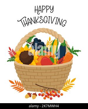 Greeting card with a wicker basket with an autumn harvest of vegetables and fruits. Vector flat illustration for Thanksgiving day. Isolated on a white Stock Vector