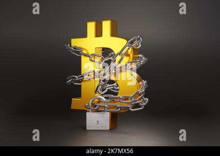 Golden bitcoin sign being locked by a chain on dark background. Protection of cryptocurrency wallet and ransomware targeting crypto servers Stock Photo