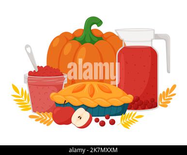 Pumpkin pie, cranberry compote and sauce. Thanksgiving symbols. Vector cartoon illustration for a Thanksgiving decoration or menu. Isolated on a white Stock Vector