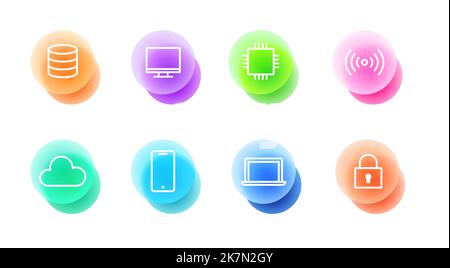 Technology icons set in glassmorphic style. Transparent blur glass effect icons. Vector illustration Stock Vector