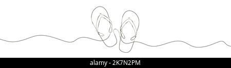 Continuous linear drawing of flip flops. Flip flops icon. Abstract background drawn with one line. Vector illustration. Stock Vector