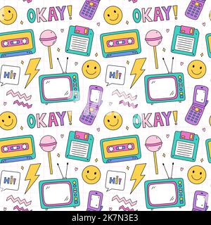 Bright seamless pattern with items from the nineties - retro flip phone, floppy disk, tv, smile, chupa chups and lightnings on checkered background. Nostalgia for the 1990s. Funny print. Stock Vector