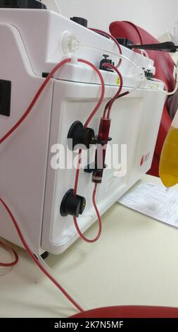 Apheresis machine to extract plasma and platelet from whole blood. Donation blood and plasma, blood transfusion, check specified, fasting, health care Stock Photo
