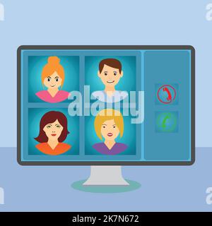 Man and women icons on computer monitor, online conference concept Stock Vector