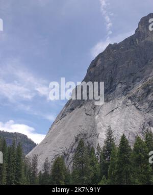 The steep rock formations seen behind green sugar pine trees in ...